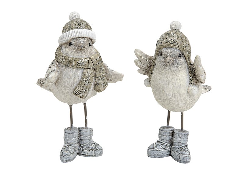 Oiseau d'hiver paillettes blanches en poly/métal, 2 fois assorti, (L/H/P) 8x13x8 cm