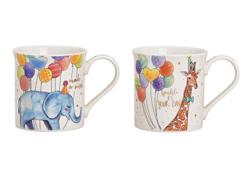 Tazza Compleanno Giraffa, Elefante in porcellana colorata 2 volte, (L/H/D) 12x9x8cm 300ml