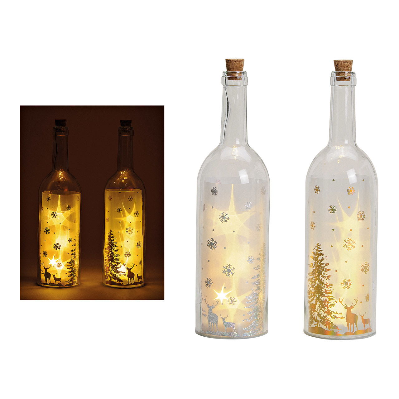 Glass bottle winter forest design, with 5 pcs led lights, gold silver color, transparent, 2 ass. 9x33x9cm