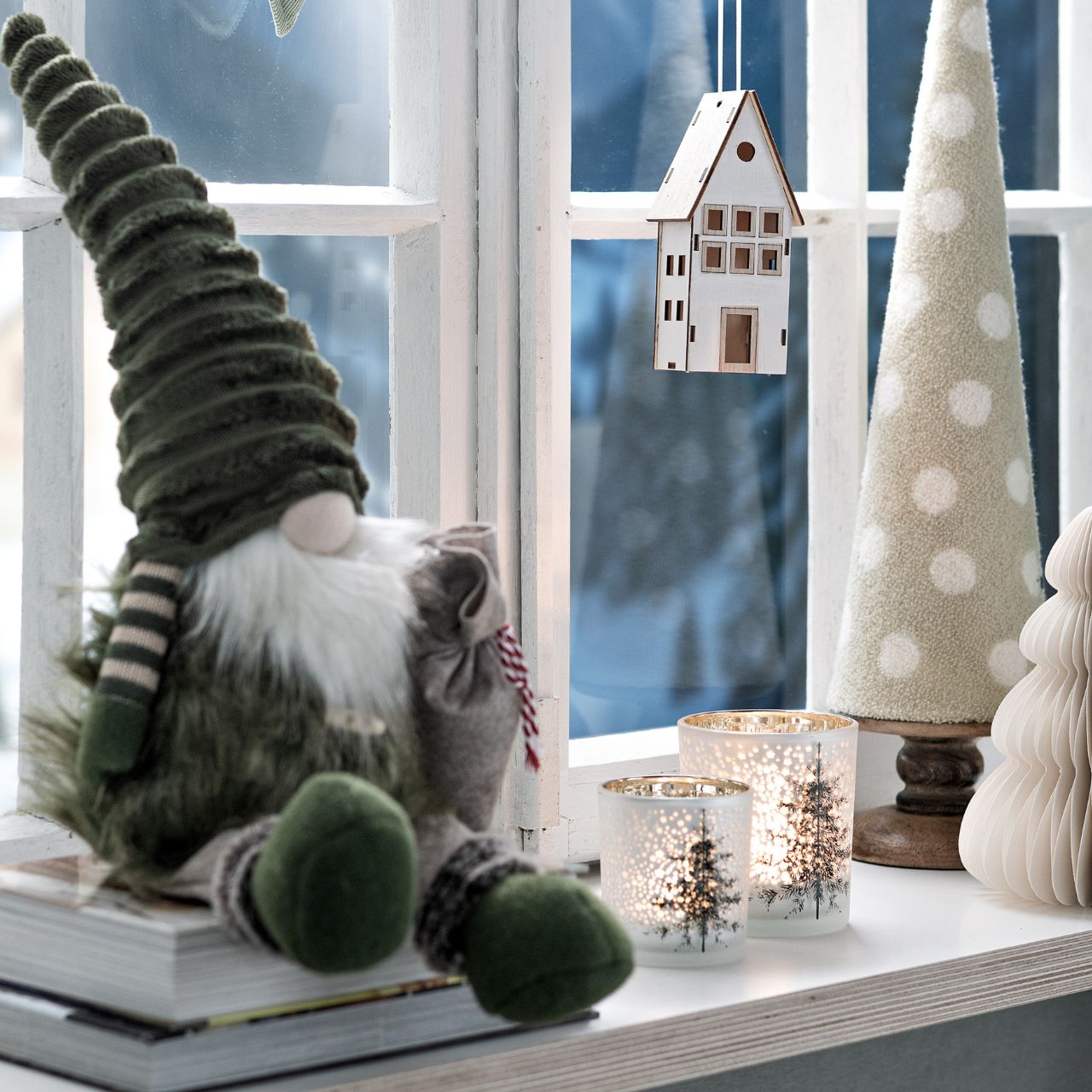 Farol de árbol de Navidad de cristal blanco (A/A/P) 9x10x9cm Bekleidung, Hut, Fenster, Fensterbank
