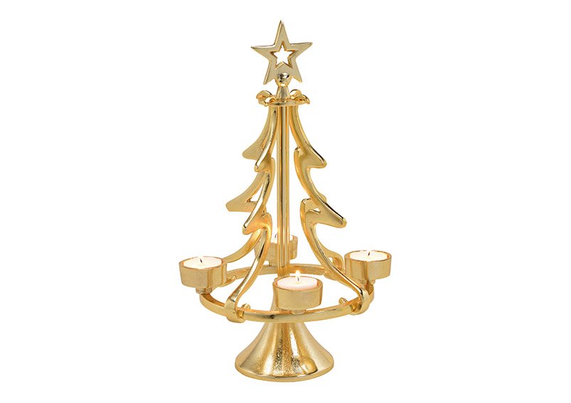 Tealight holder, advent arrangement fir tree for 4 tealight made of metal gold 22x37x22cm
