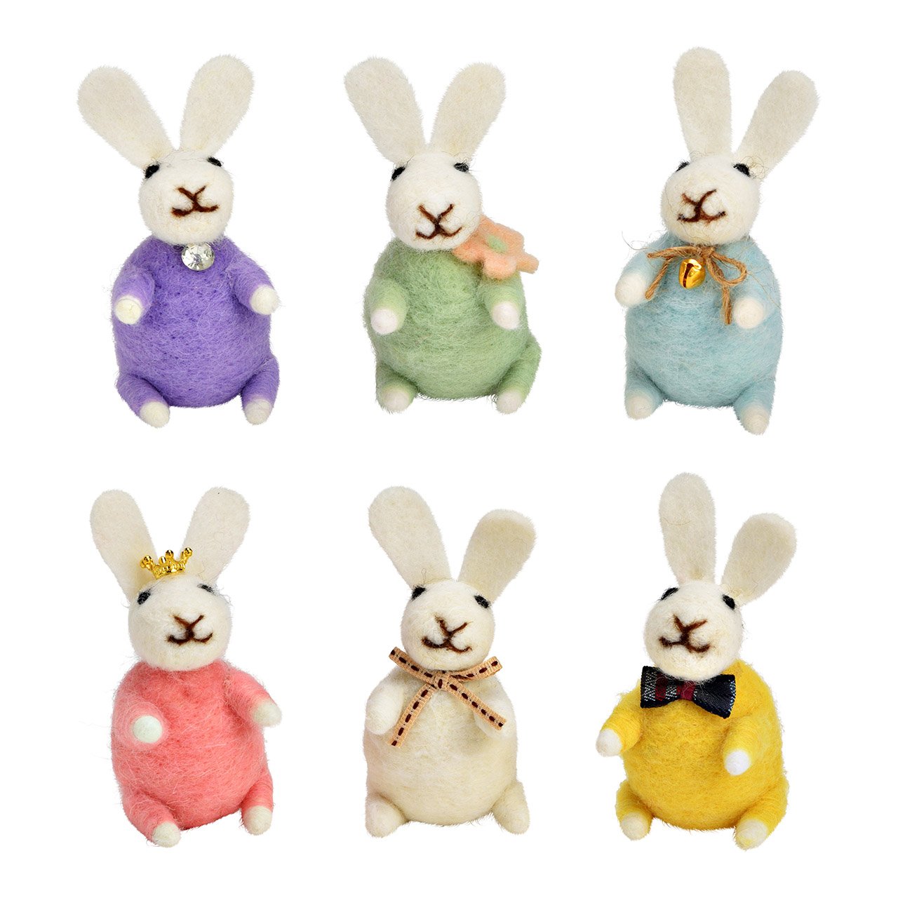 Vilten/plastic konijnenfiguur 6-voudig, wit/roze/geel/groen/blauw/paars (B/H/D) 5x8x5cm Eierdoos verpakking