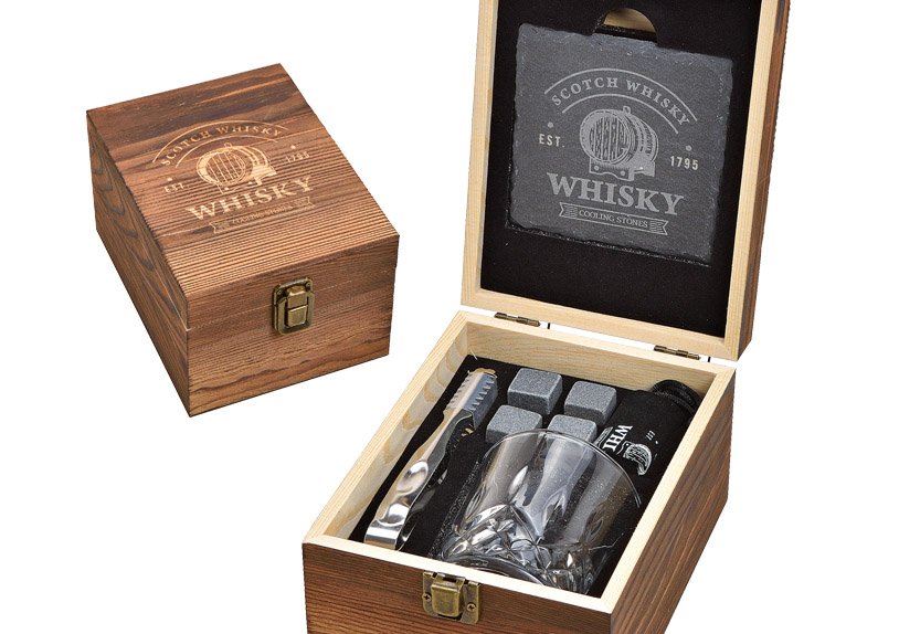 Whisky Set, Glaçons en pierre de basalte 2x2x2cm, 1 verre 9x8x9cm, 300ml, 1 pince , en verre Transparent Set de 8, (L/H/P) 14x20x11cm