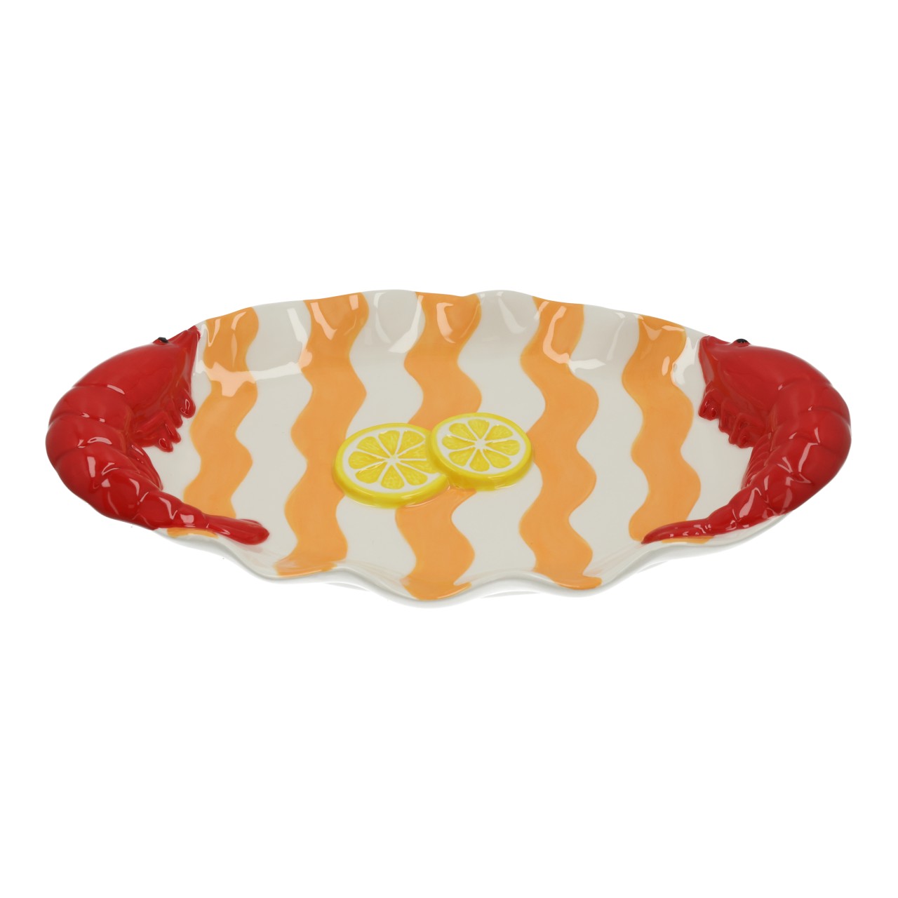 Plato decorativo de cerámica con forma de langosta, de colores (ancho/alto/profundidad) 30 x 4 x 17 cm Schale, Schnittchen-Schale, Krabbenform, Orangenmuster, Fruchtdeko