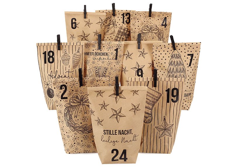 Advent calendar printed bags wrapping paper with black classic Christmas motifs with black staples of paper / cardboard brown (W/H/D) 24x21x2cm