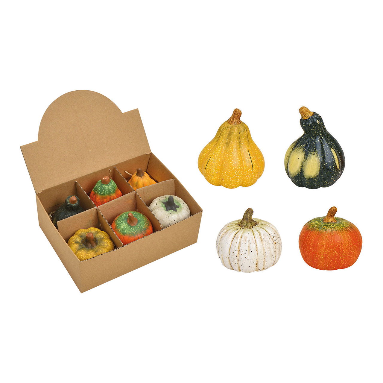 Kürbis aus Keramik, 6-fach, Orange/Weiß/Grün Ø 7-9cm Kürbis aus Keramik, 6-fach, Orange/Weiß/Grün Ø 7-9cm