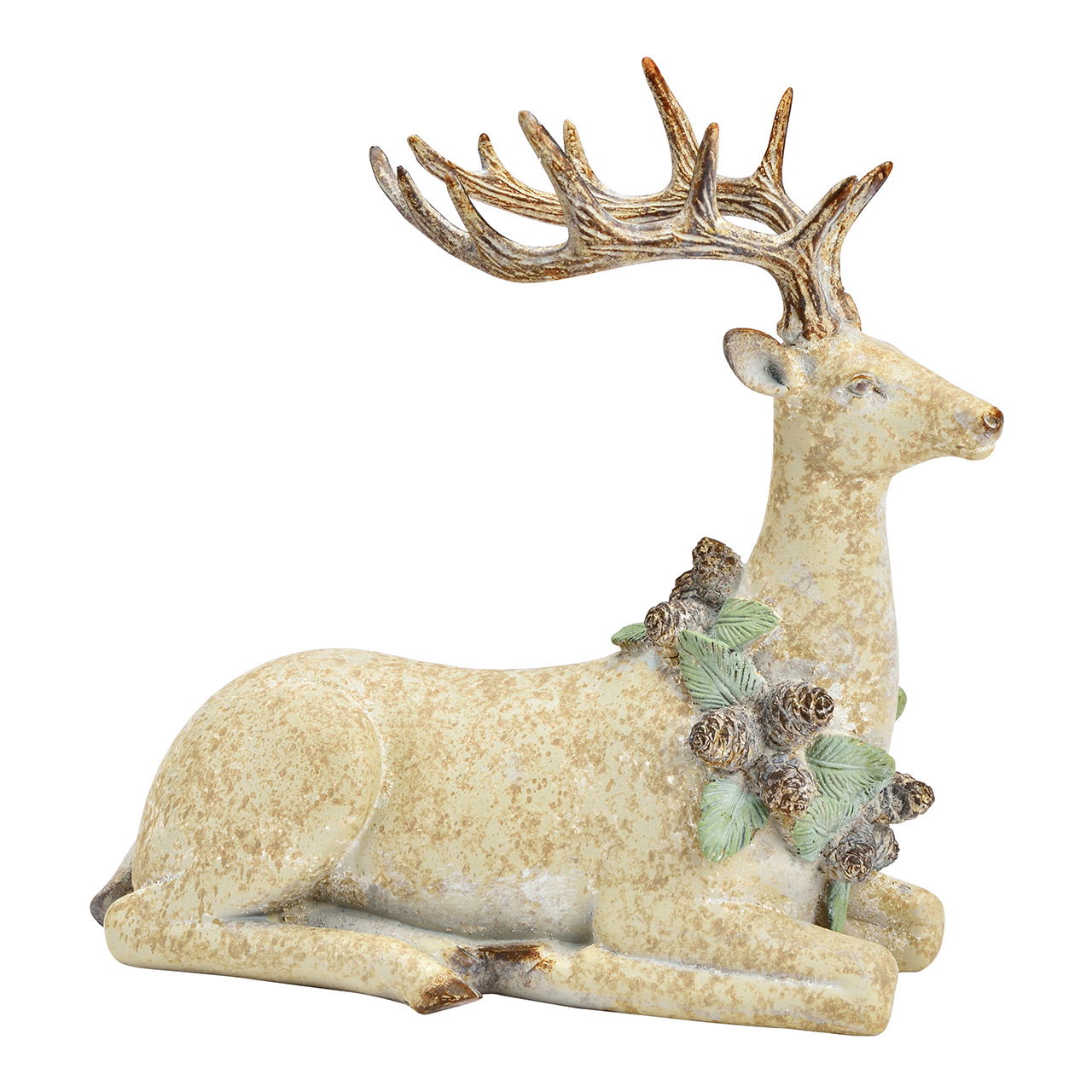 Deer lying with wreath of pine cones made of natural poly (W/H/D) 30x29x11cm