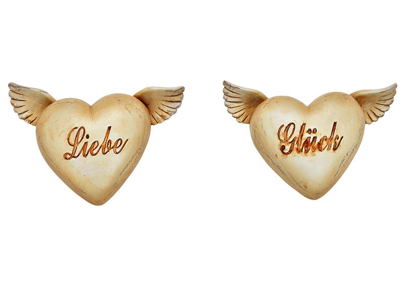 Hart met vleugels, liefde, geluk, gemaakt van poly bruin 2-voudig, (B/H/D) 15x4x10cm
