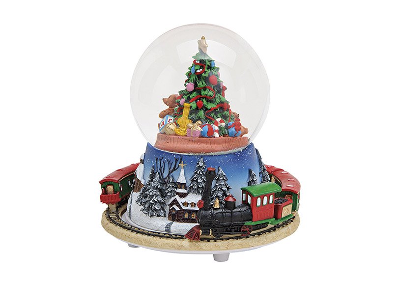 Boîte à musique/boule de neige Train en poly/verre, arbre dans la boule (L/H/P) 14x16x14 cm
