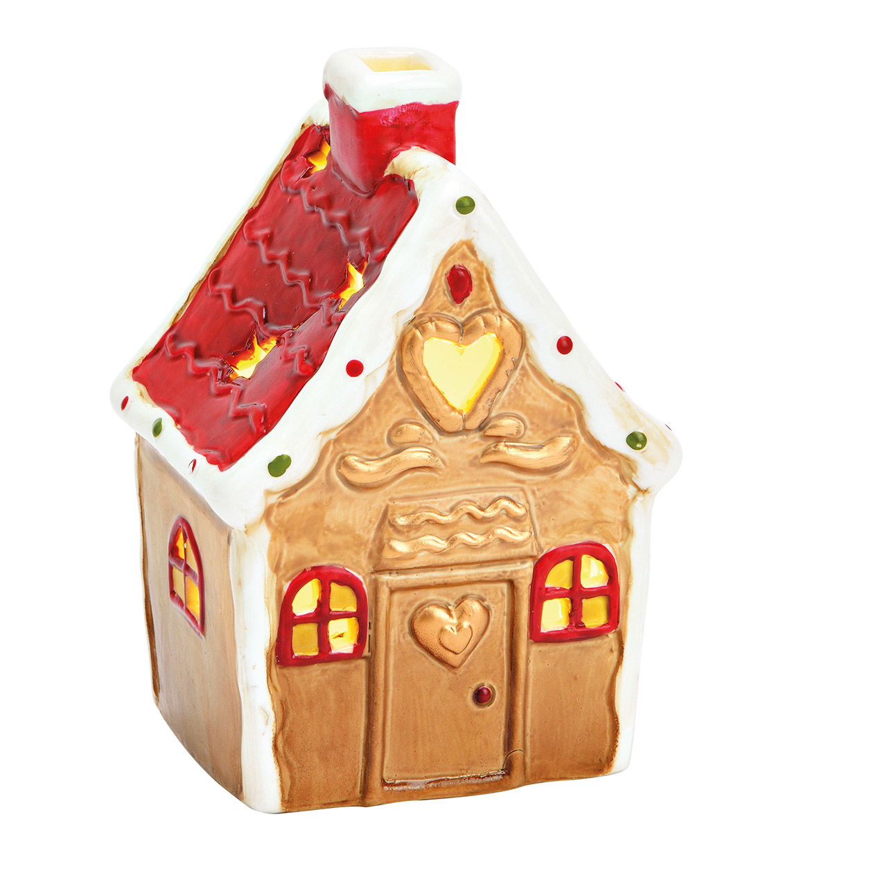 LED Lichthaus Lebkuchen aus Porzellan, Braun/Rot (B/H/T) 9x14x8cm