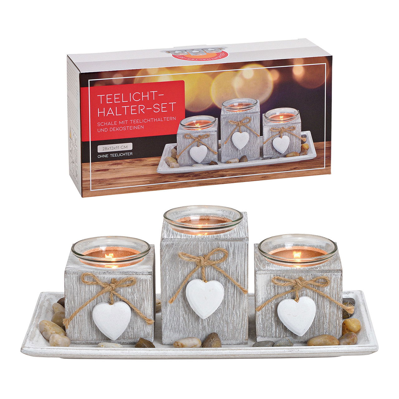 Tealight holder 3s con ciondolo a cuore, legno, vetro Bianco set di 5, (L/H/D) 28x13x11cm