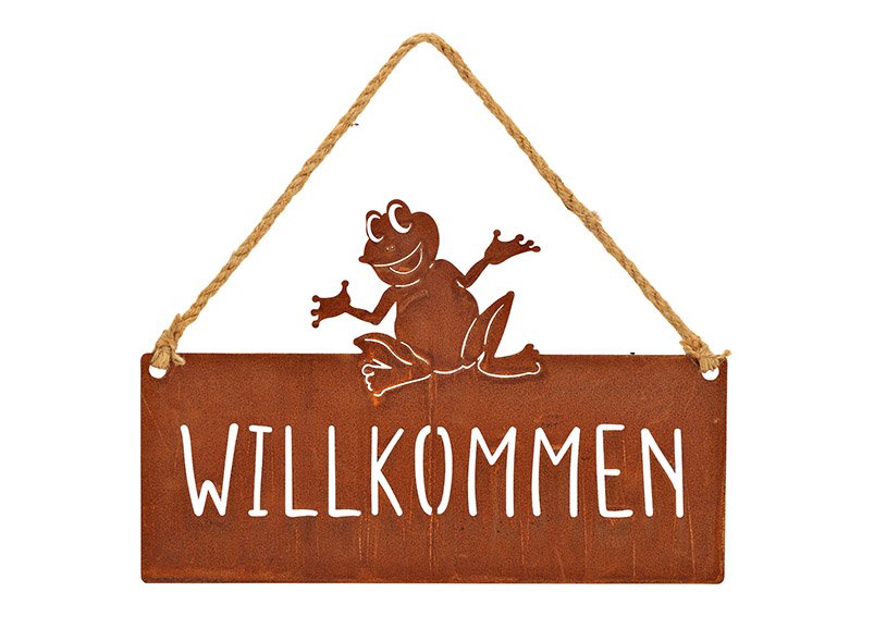Hanger, frog decor, rusty finish, Willkommen, made of metal brown (W/H) 38x25cm
