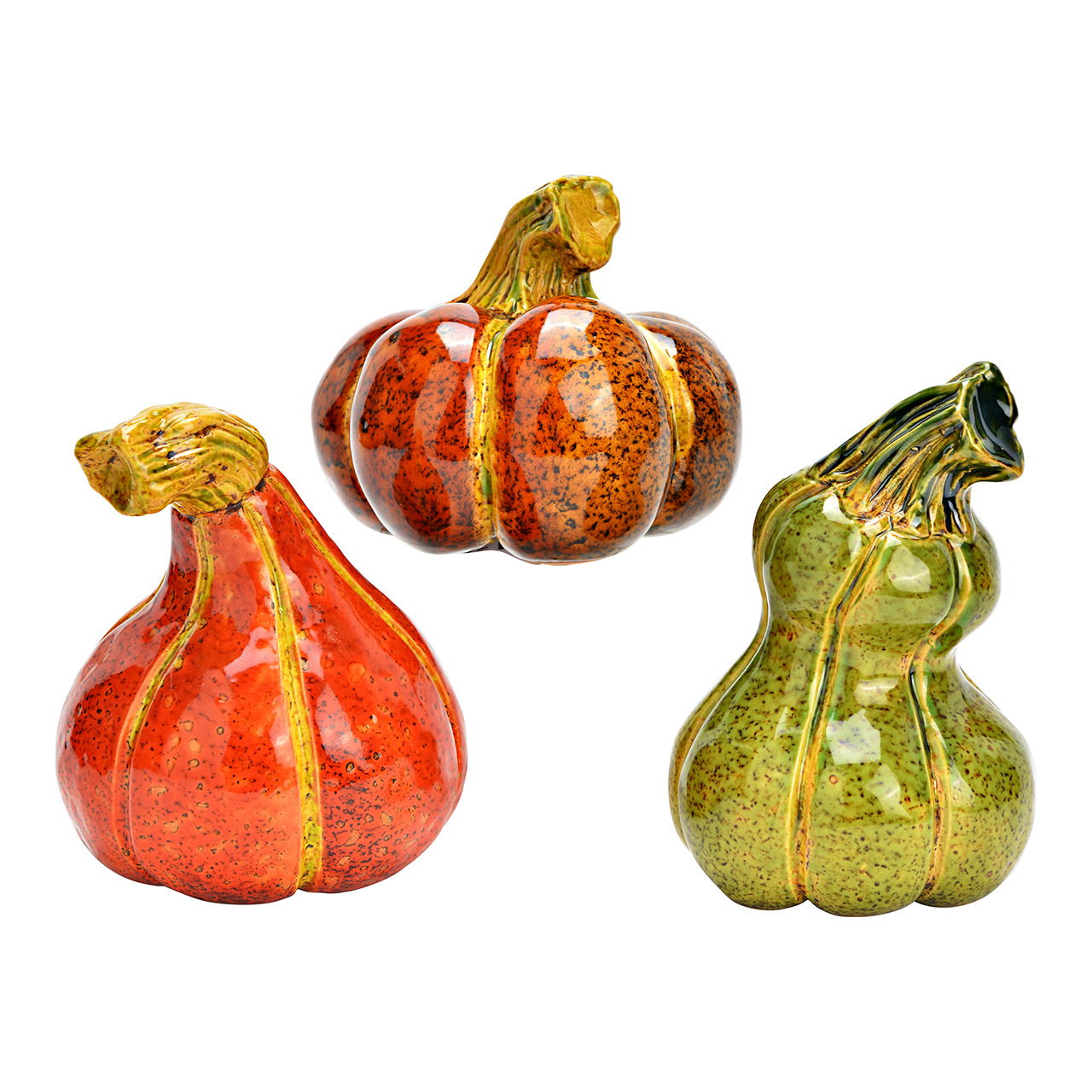 Figurita calabaza de gres, 3 pliegues, rojo/verde/naranja (ancho/alto/ancho) 9x14x9cm