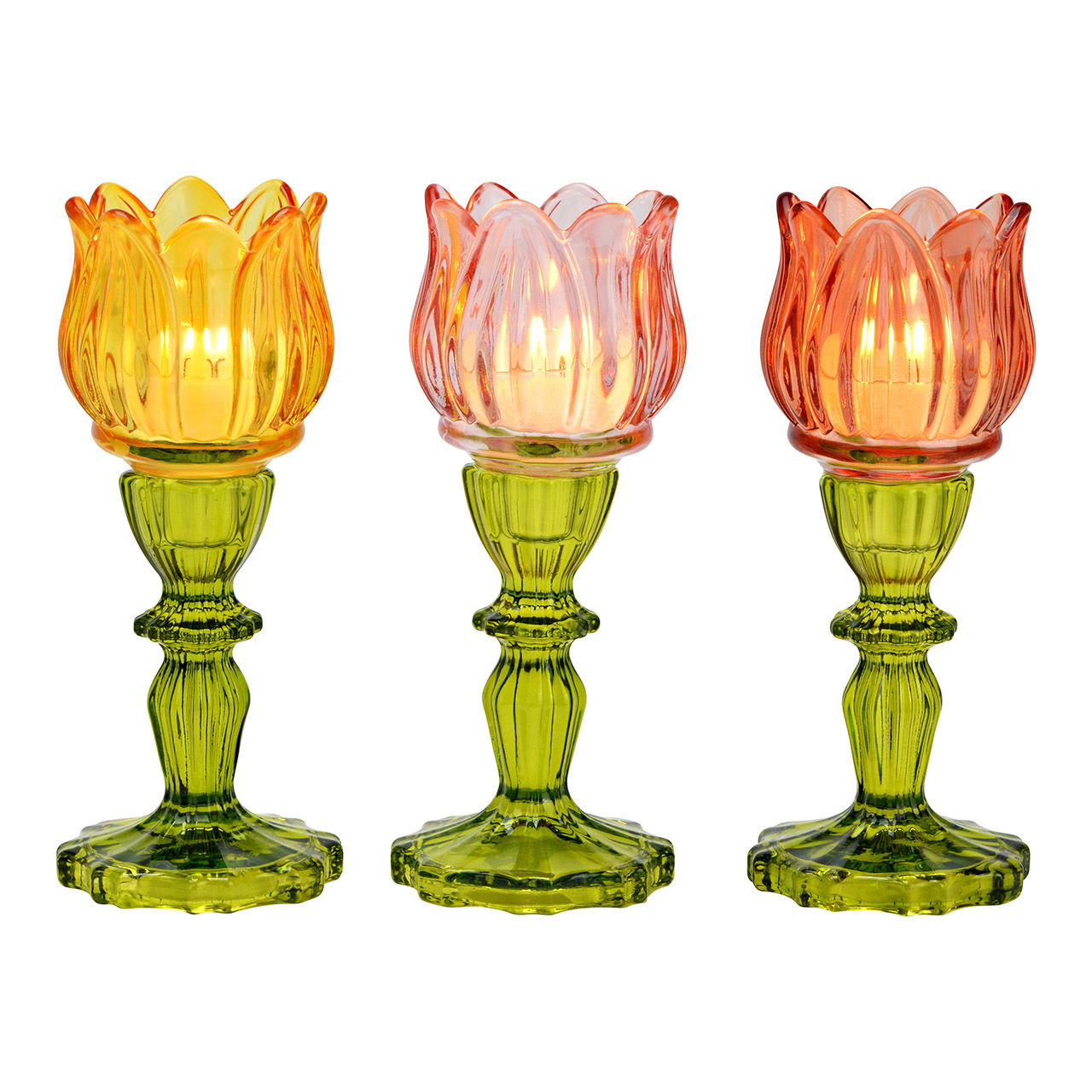 Wind light tea light holder tulip made of glass 3-fold, yellow/pink/red/green (W/H/D) 7x18x7cm