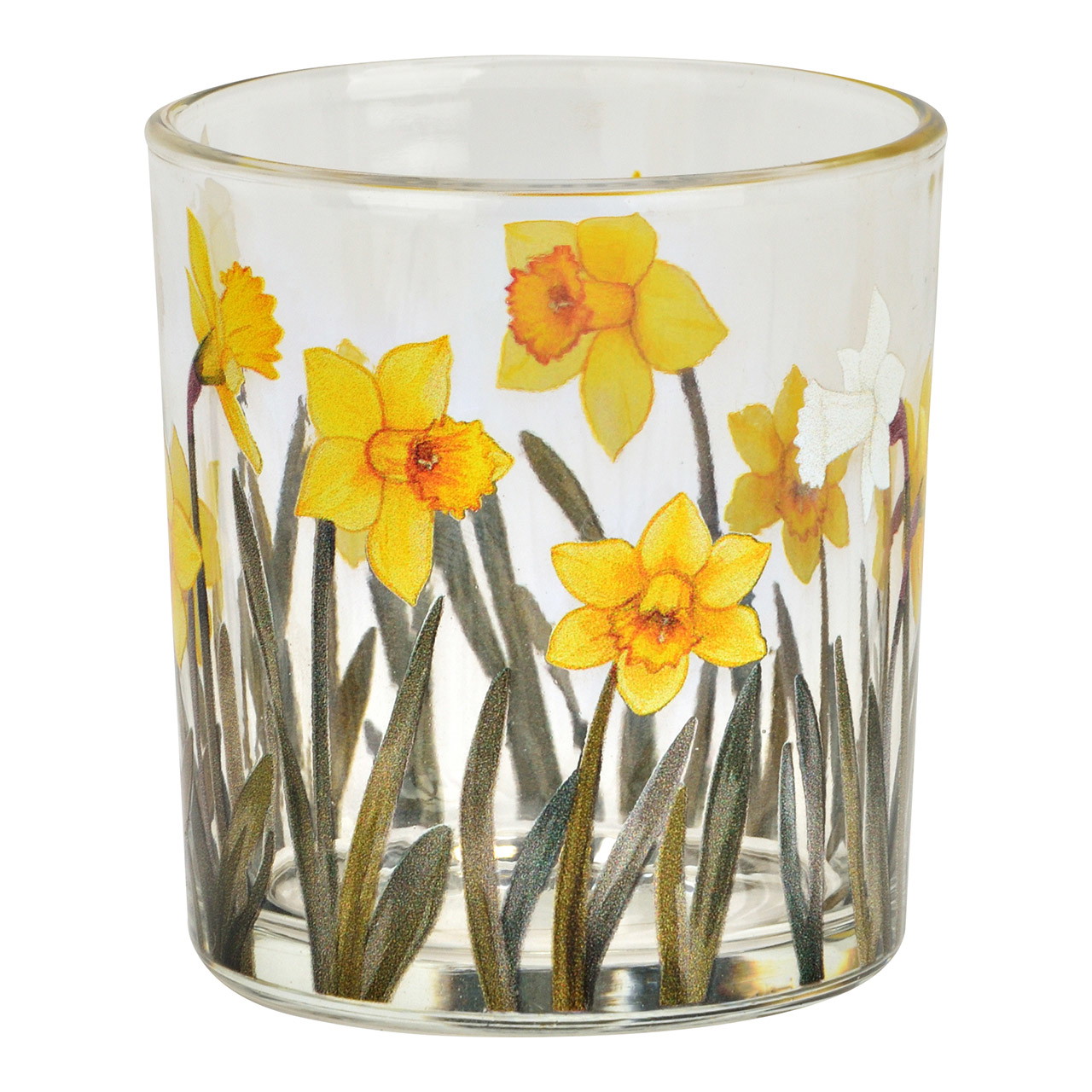Szklana lampka dekoracyjna w ksztalcie kwiatu, przezroczysta (szer. x wys. x gl.) 7 x 8 x 7 cm Trinkglas, Klarglas, Narzissenmotiv, Blumenmuster, Gelbe Blüten