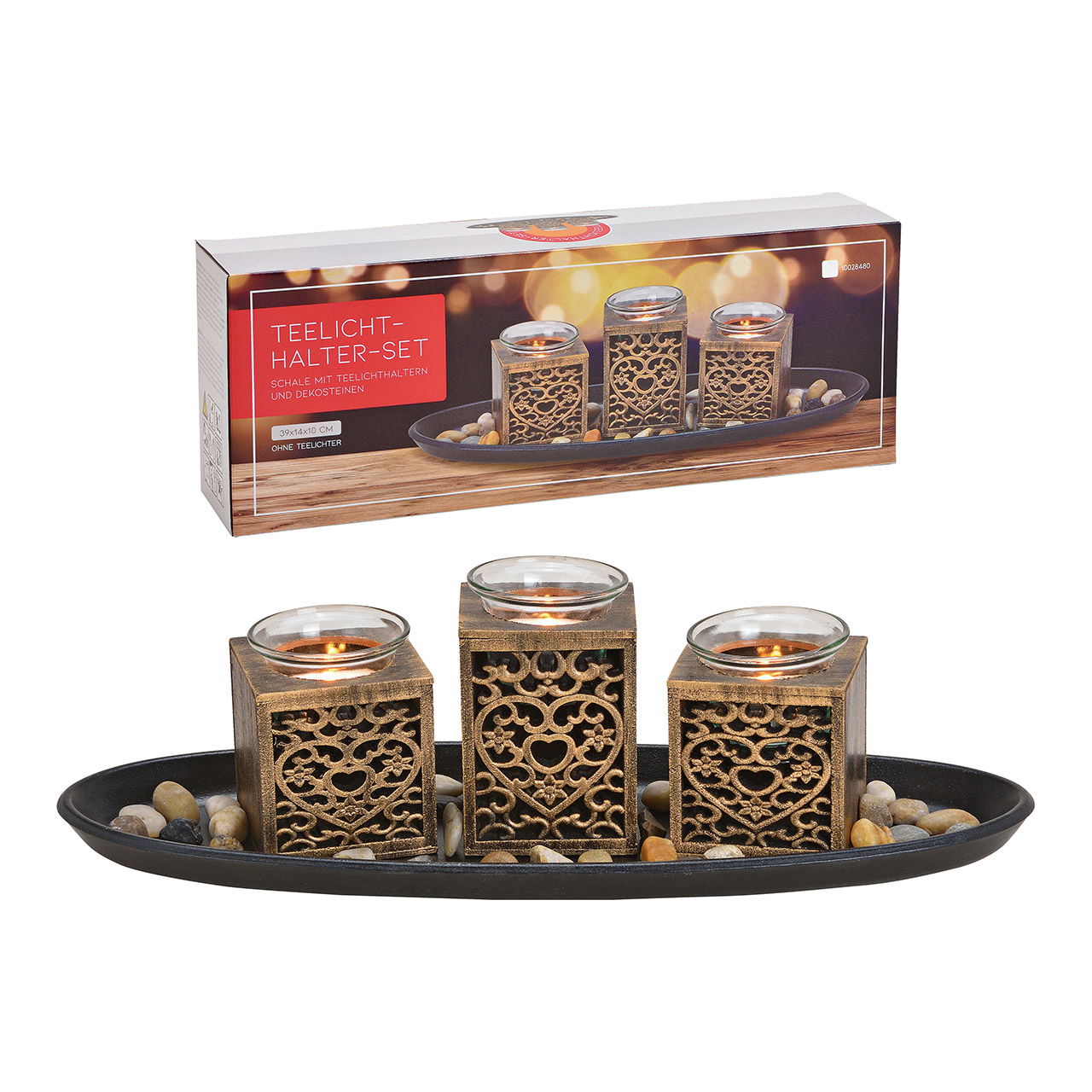 Porta tealight 3s di legno, vetro Nero, oro Set di 5, (L/H/D) 39x13x14cm