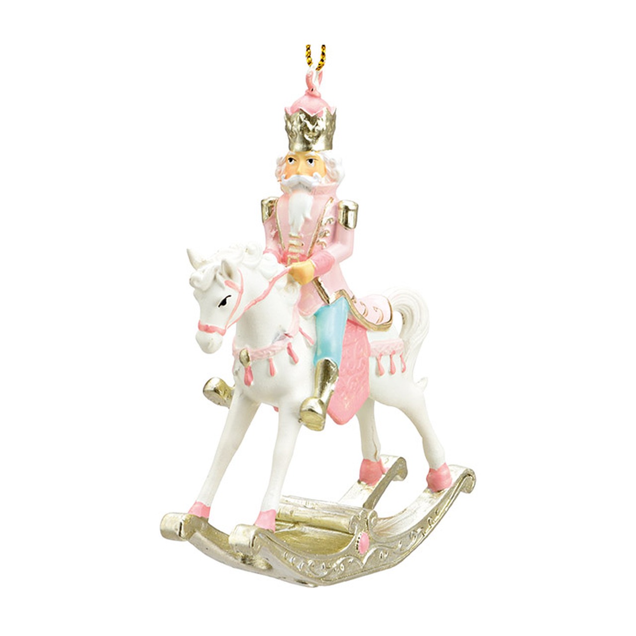 Cavallo a dondolo appeso con schiaccianoci in polietilene, rosa (L/H/D) 7x10x3cm Nussknackerfigur, Schaukelpferd, Weihnachtsdekoration, rosa und gold, bemalte Figur