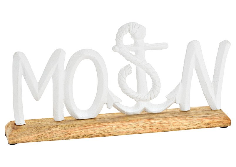 Présentoir Décor Maritim, inscription, Moin, sur socle en bois de manguier, en métal blanc (L/H/P) 30x15x5cm