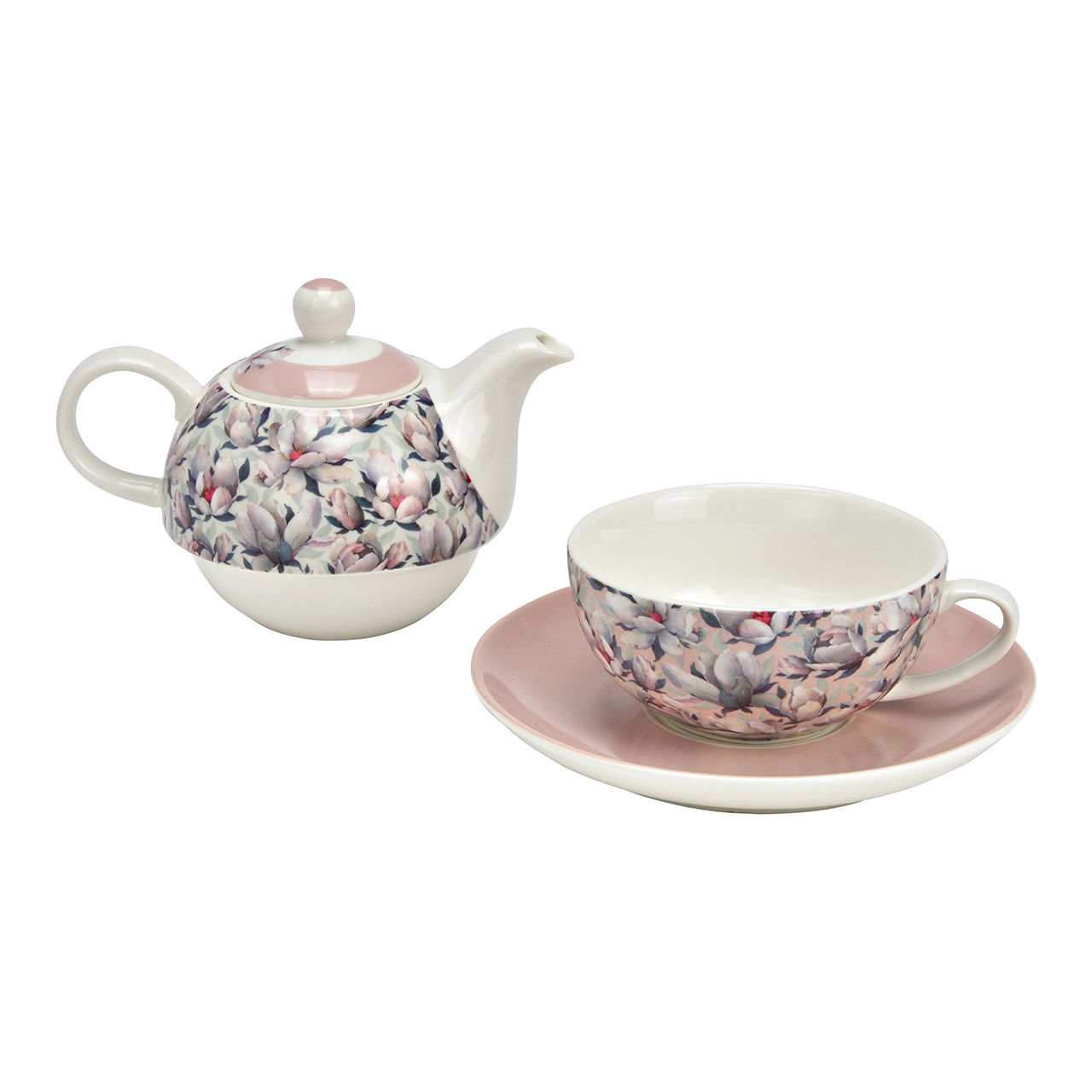 Theepot set magnolia bloem decor set van 3, gemaakt van porselein roze/roze (B/H/D) 15x16x15cm 400ml/250ml