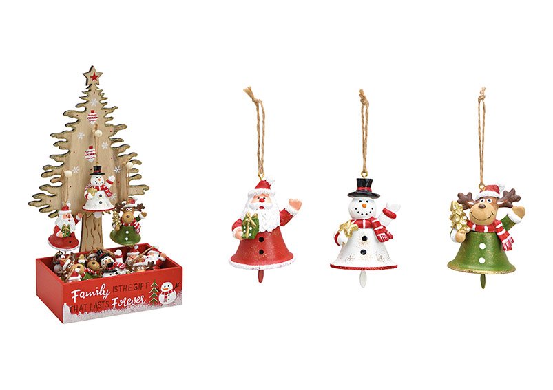 Christmas hanger bell, 4x6x4cm, made of metal colorful 3-fold, 12 pcs. in tree display box (w/h/d) 17x32x11cm