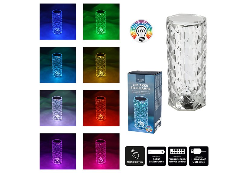 Lampe de table Kristal Look, Polystyrène PS 16 couleurs changeantes par touche, télécommande, en plastique transparent (L/H/P) 9x21x9cm