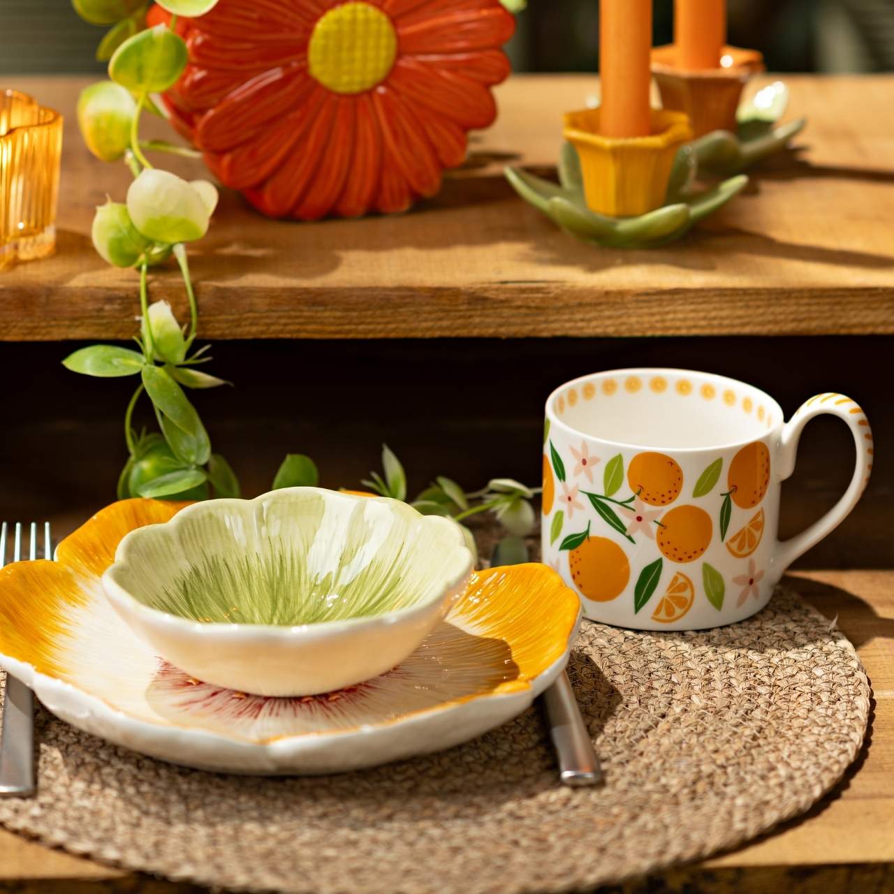 Teller-Set, Ton-Schale, Kaffeetasse, Orangenmuster, Essteller-Set