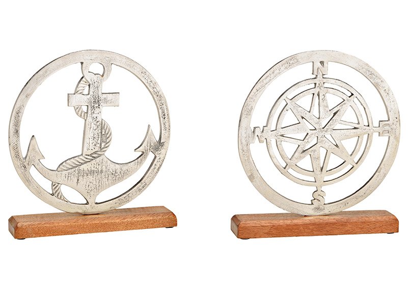 Stand anchor, wind rose on mango wood base made of metal silver 2-fold, (W/H/D) 23x25x5cm