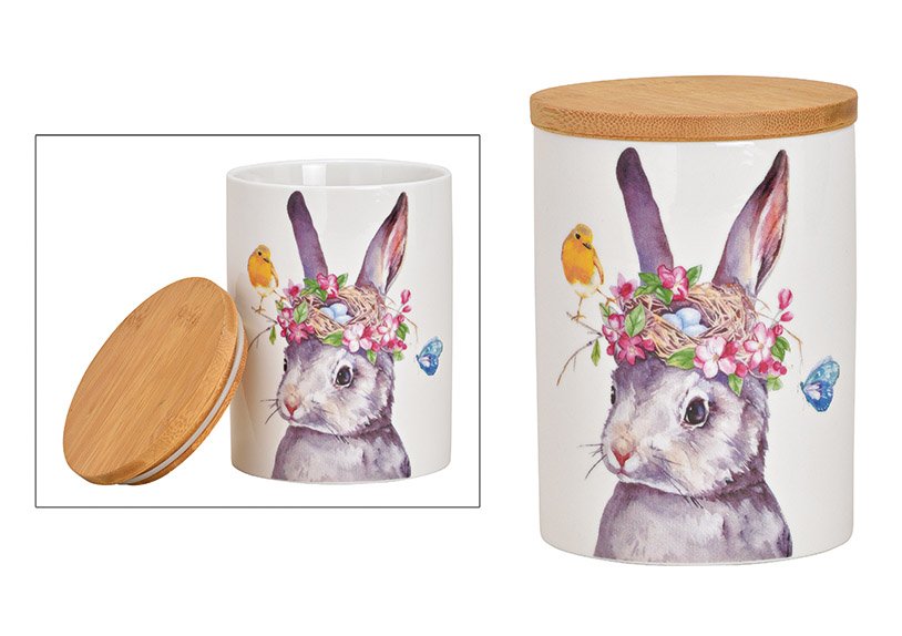 Tarro de almacenaje decoración conejo con tapa de bambú, color porcelana, (c/h/d) 10x13x10cm 600ML