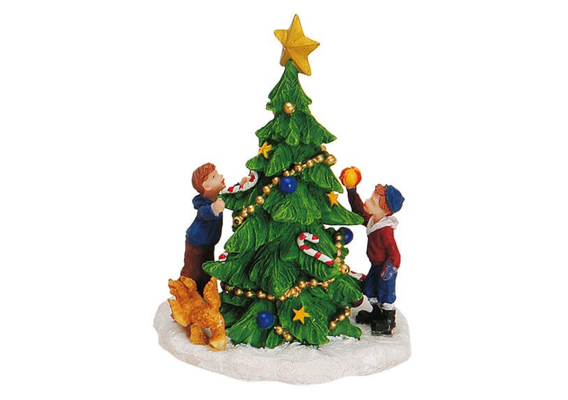 Miniatur Baum mit 2 Kindern und Hund aus Poly, B8 x H11 cm