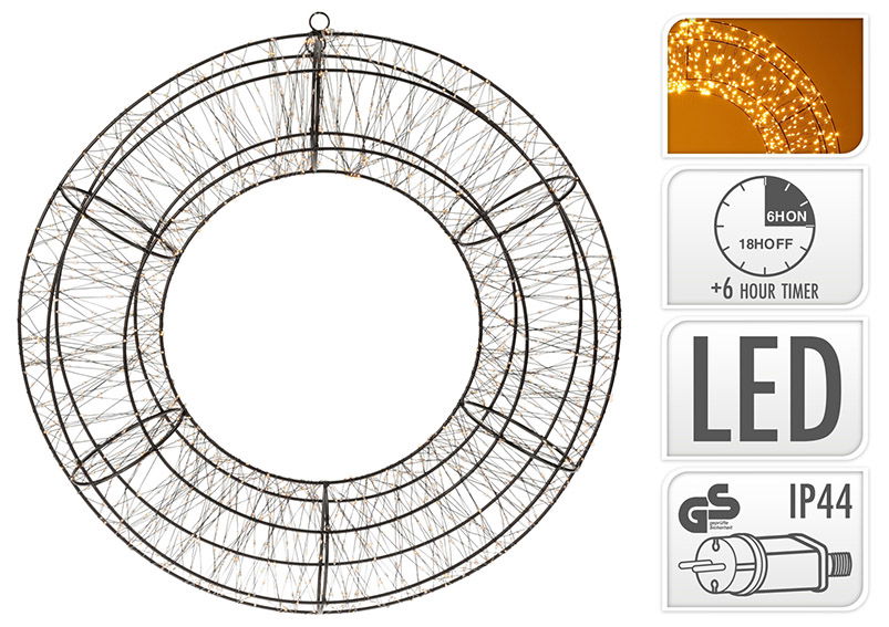 Lichtkrans 1800 LED extra warm wit met timer 6/18, IP44 adapter van kunststof zwart Ø58cm