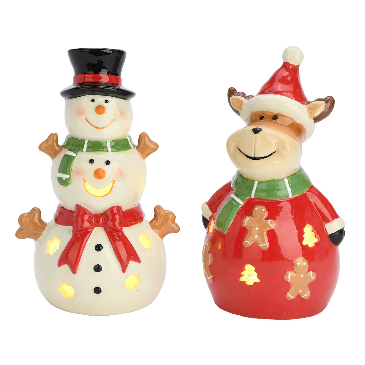 Schneemann/Elch mit LED aus Porzellan Weiß 2-fach sortiert (B/H/T) 11x17.5x8.5cm exkl. 3xLR44 Natur, Im Freien, Figur, Schneemann, Winter