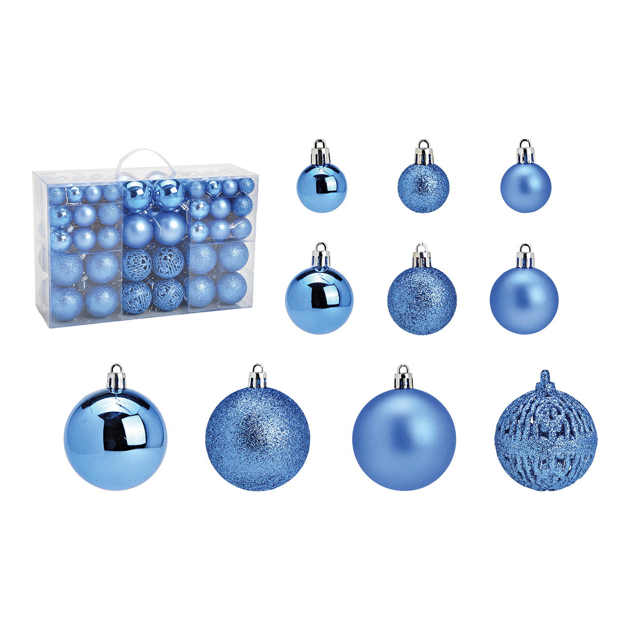 Plastic kerstballen, set van 100, koningsblauw, Ø3/4/6cm (B/H/D) 23x35x12cm Plastic kerstballen, set van 100, koningsblauw, Ø3/4/6cm (B/H/D) 23x35x12cm