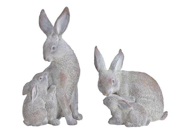 Rabbit mother with child poly grey 2-asst. 15x28x12cm 20x18x14cm