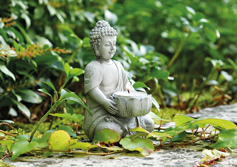 Bouddha avec porte-bougie à chauffe-plat gris en poly, L9 x P8 x H14 cm