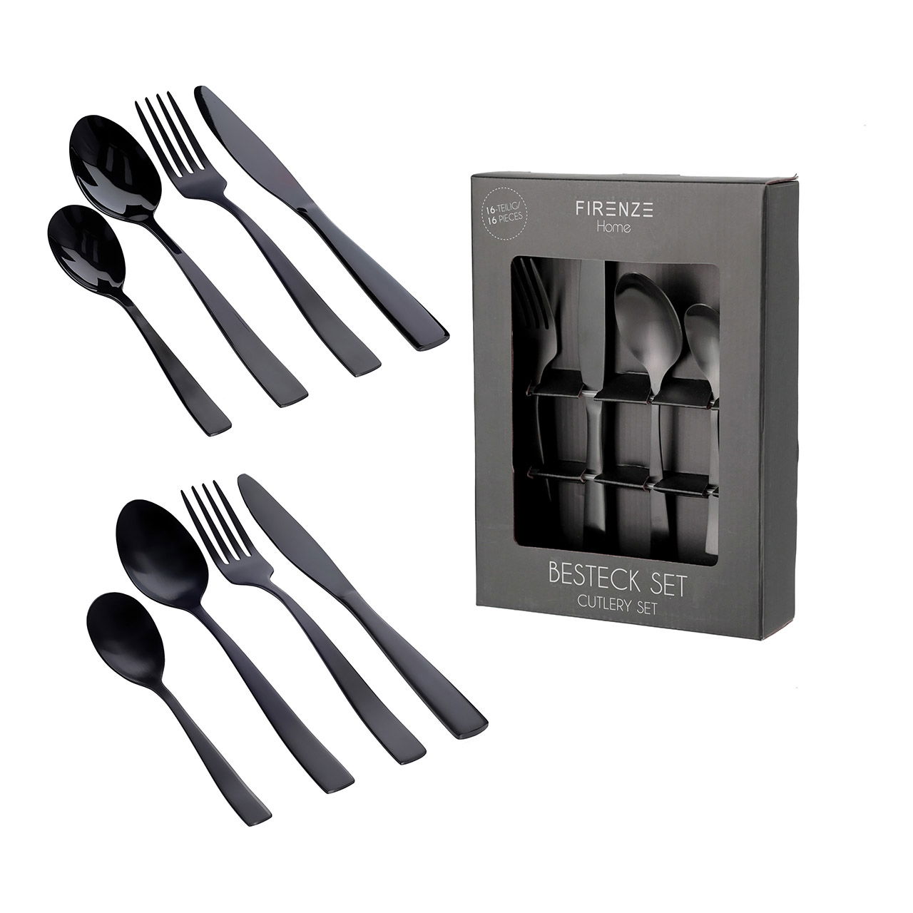 Black cutlery set of 16, (W/H/D) 17x24x5cm, stainless steel 430, 4x knife, fork, spoon, coffee spoon