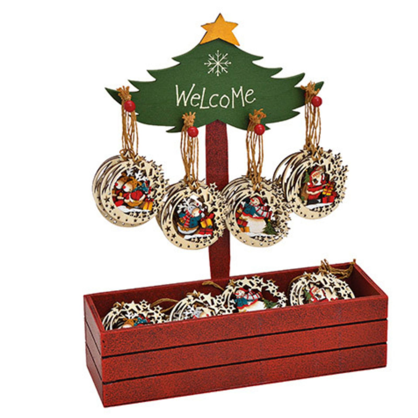 Weihnachtshänger Mond Nikolaus Elch Schneemann Dekor auf Baumständer (B/H/T) 30x36x11cm aus Holz, 4-fach, Bunt (B/H/T) 7x7x0.5cm Zubehor, Ohrring, Schmuck, Ornament