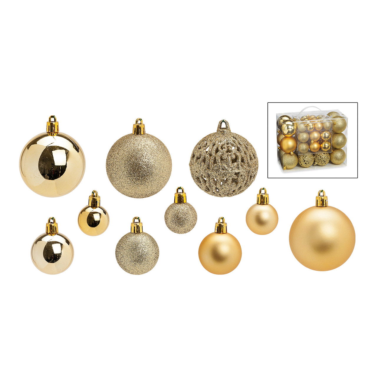 Weihnachtskugeln aus Kunststoff, 50er-Set, Gold Ø3/4/6cm (B/H/T) 23x18x12cm Zubehor, Ohrring, Schmuck, Medaillon, Anhänger