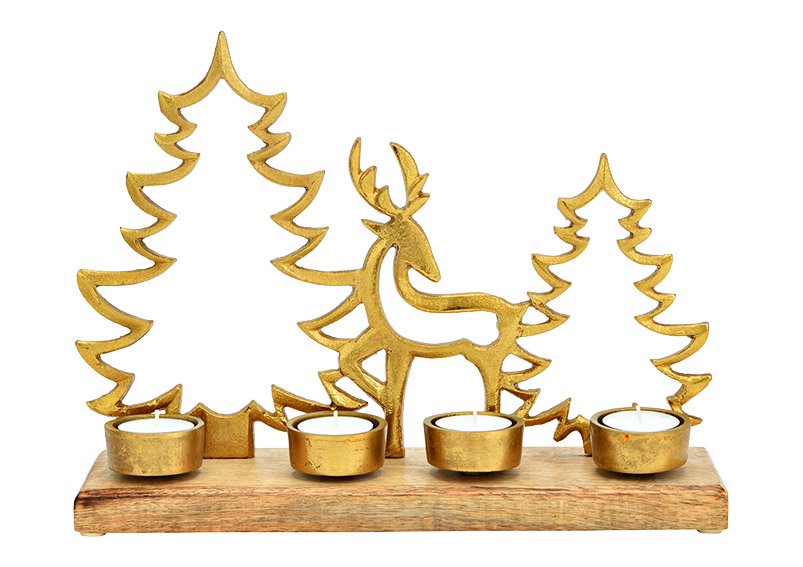 Adventsgesteck Teelichthalter, Hirsch Baum Dekor, auf Mangoholz Sockel, aus Metall Gold (B/H/T) 34x25x9cm