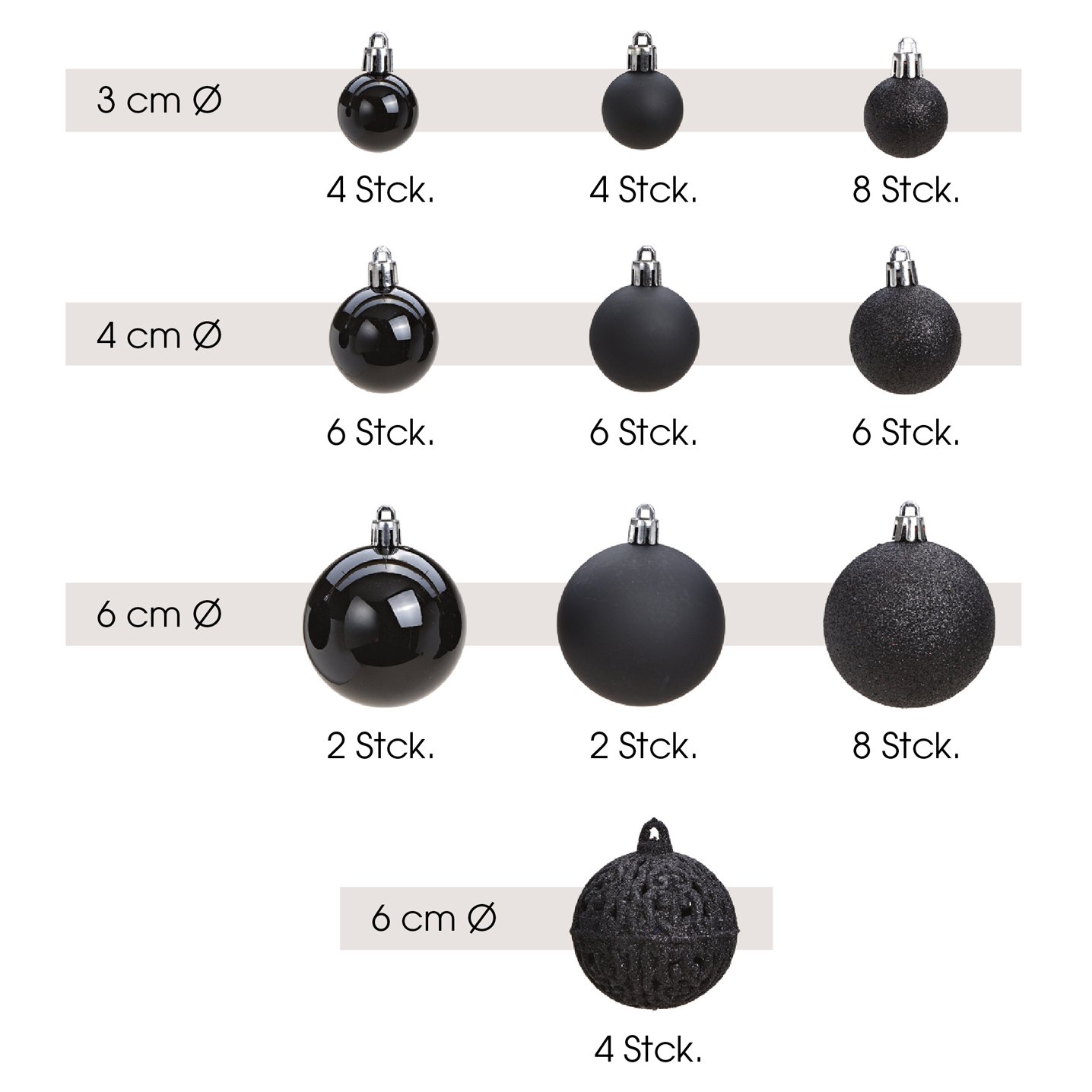 Xmas ball set of 50, plastic, black, 23x18x12cm ø 3/4/6cm