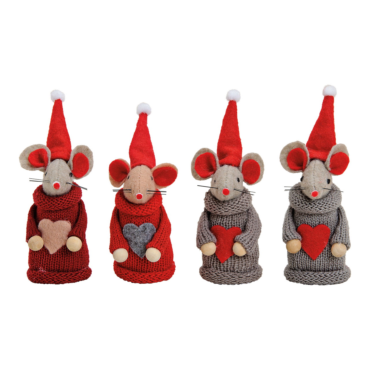Weihnachtsmaus aus Filz/Textil, 4-fach sortiert (B/H/T) 5x13x5 cm Handpuppe, Ratte, Weihnachtsdeko, Herz, Kuscheln