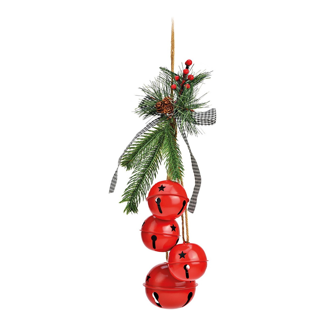 Weihnachtsanhänger, rote Metallglocken, Tannenzweige, Kiefernzapfen, kariertes Band
