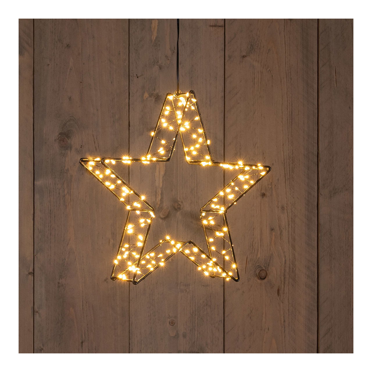 Estrella 3D con luz 200 LED, clásica cálida, cable de 50cm, funcionamiento a pilas 4xAA con temporizador 6/18, de metal negro (A/A/D) 6x26x6cm