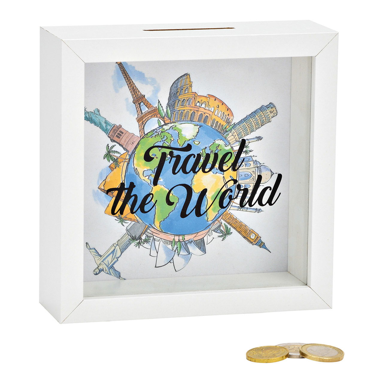 Money box Travel the World made of wood, glass white (W/H/D) 15x15x5cm