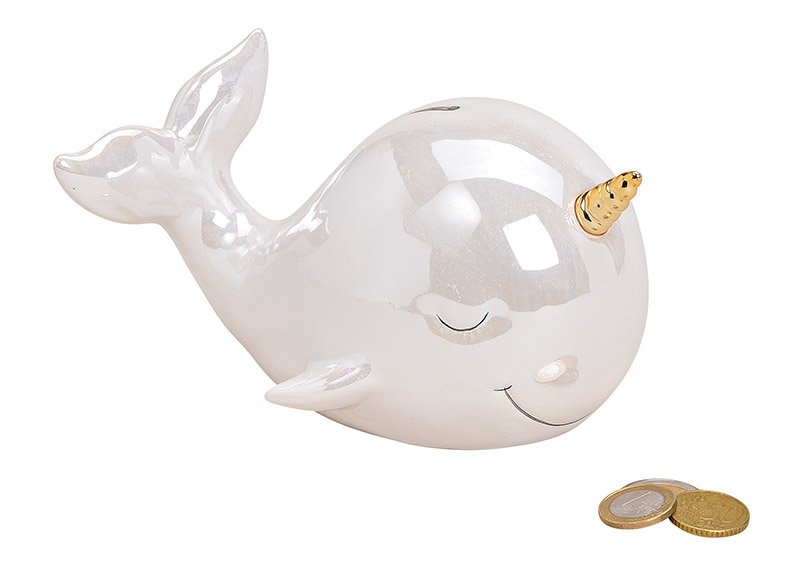 Money box whale, perlen shining finish, ceramic, white, 12x11x18cm