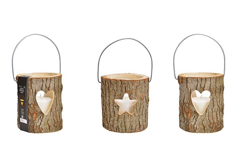 Lanterns, hearts, star decor, with glass, candle glass 13x17cm, candle 8.8x8cm made of wood, brown, set of 3, double, (w / h / d) 18x20x18cm