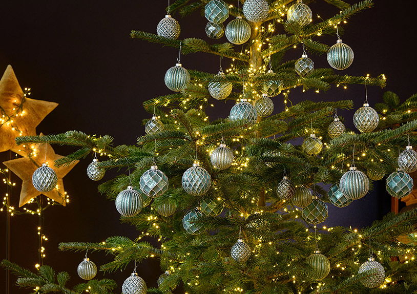 Weihnachtskugel Glitter aus Glas, 4-fach, Türkis/Silber Ø8cm