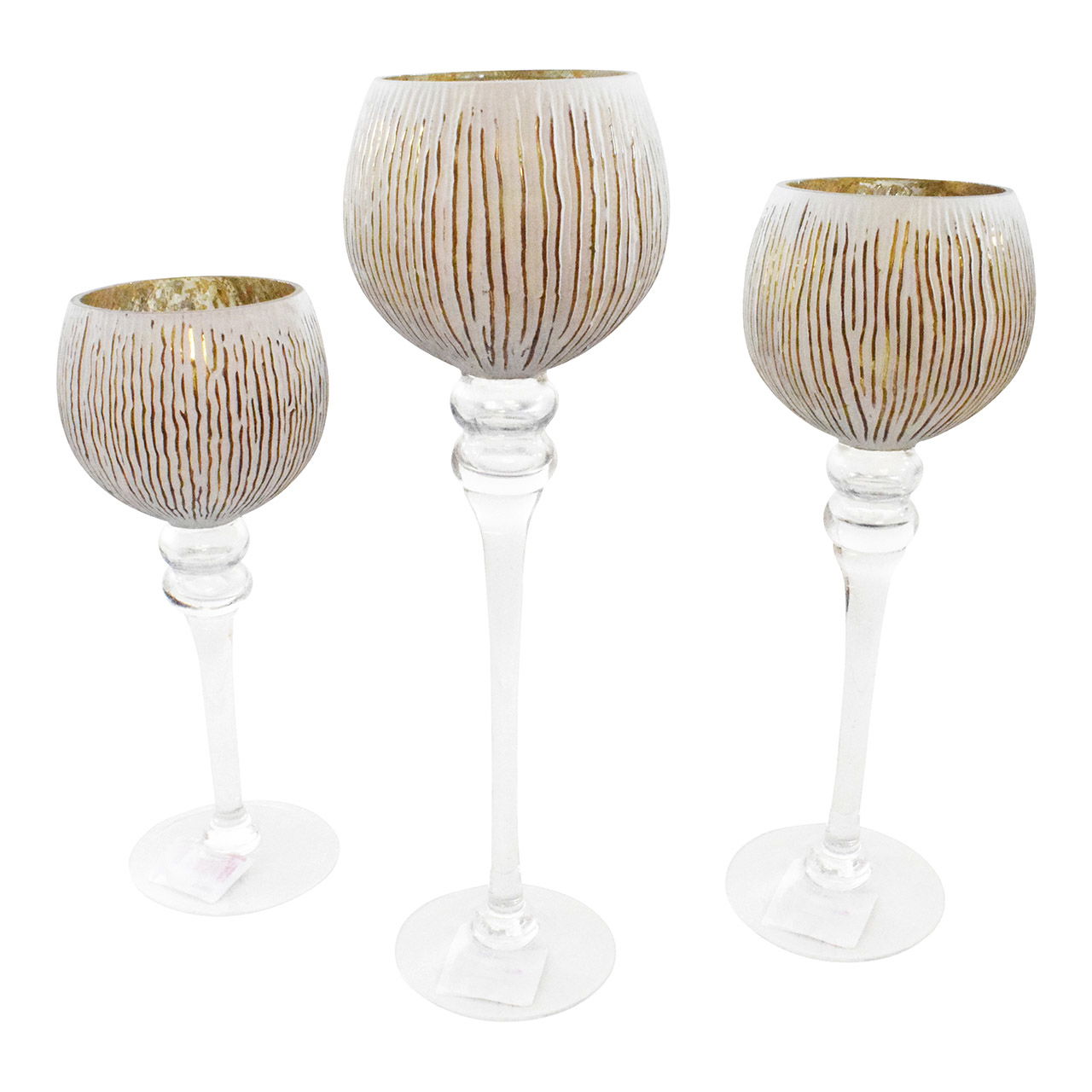 Windlicht Set Kelch geriffelt, 30, 35, 40cm x Ø13cm aus Glas Weiß, gold 3er Set