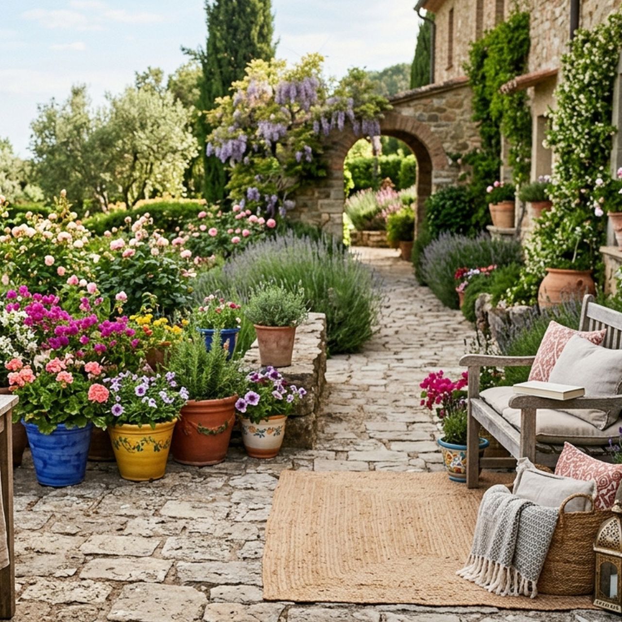 Garten, Blumen, Terrassenmöbel, Steinweg, Sitzbereich