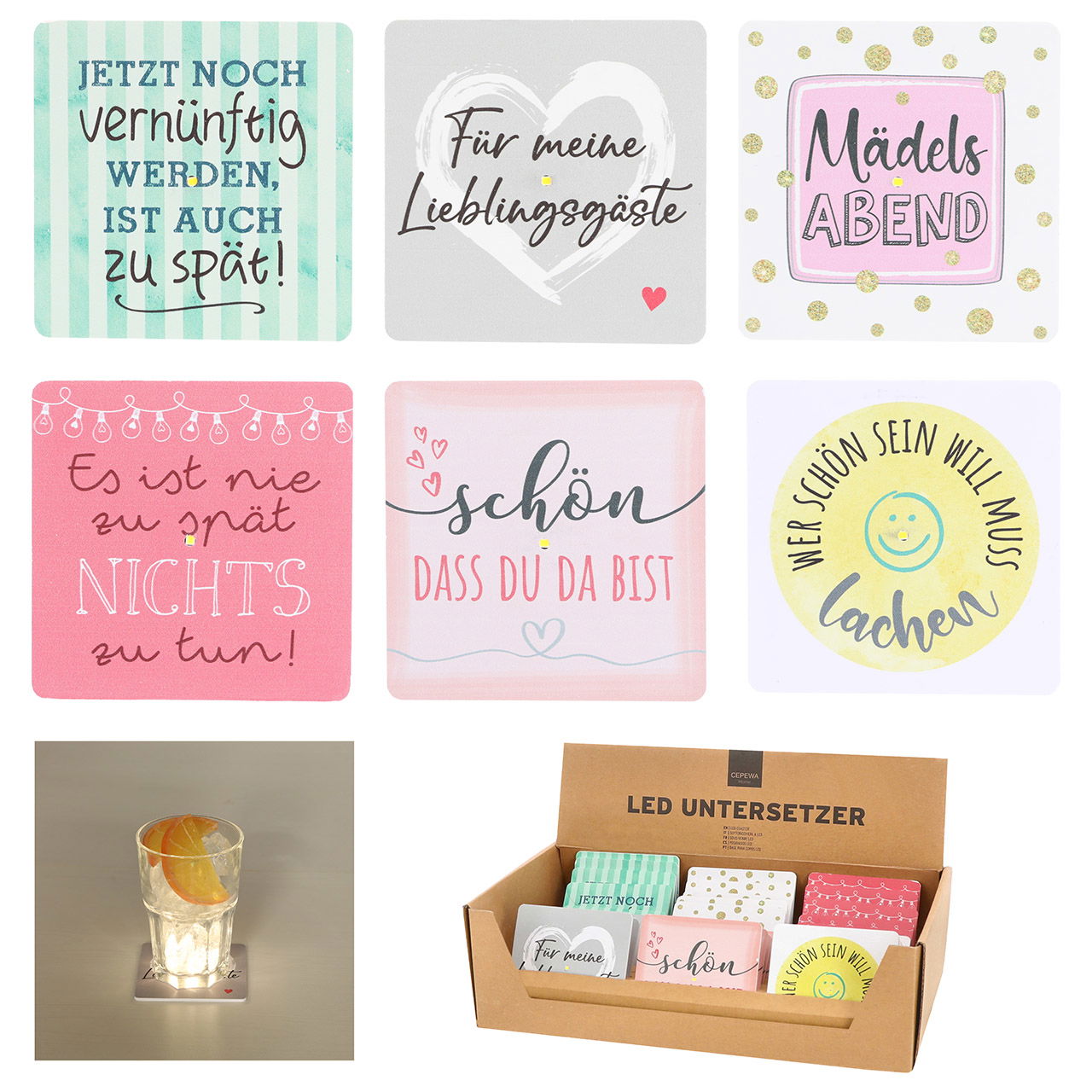 Posavasos LED con texto de plástico, 6 pliegues, colorido (ancho/ancho) 9,5x9,5cm Kiste