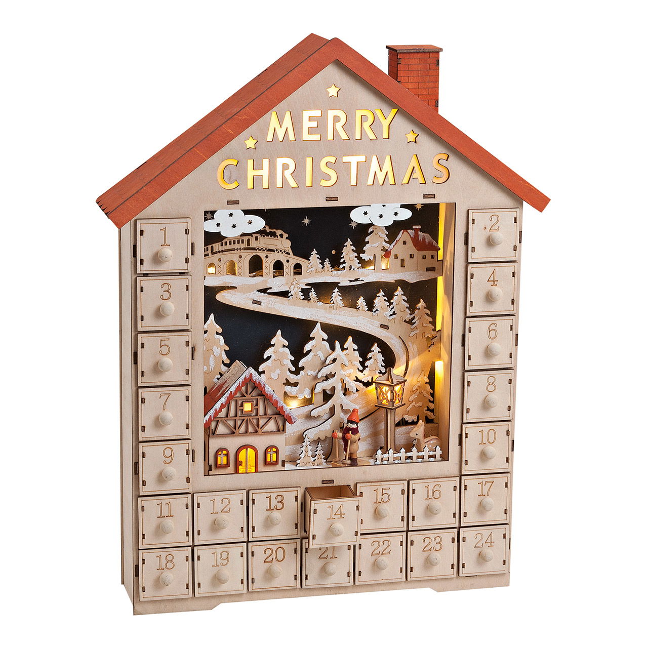 Adventskalender Haus aus Holz mit Beleuchtung, Natur/Rot (B/H/T) 38x49x9cm